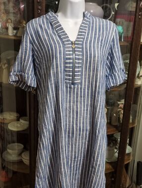 Anne Klein Blue and White Striped Denim Look Shirt Dress
